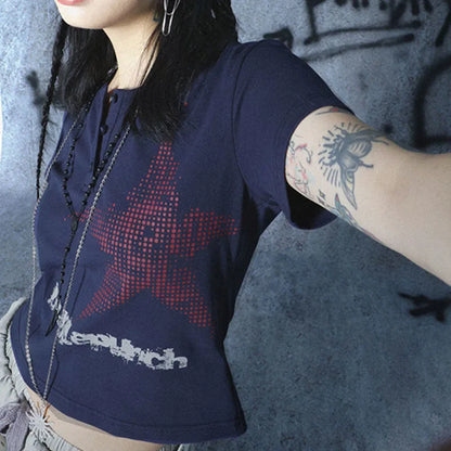 Top corto Harajuku estilo japonés con estampado de estrellas, cuello redondo, manga corta, camiseta gráfica Y2K, ropa de calle para mujer