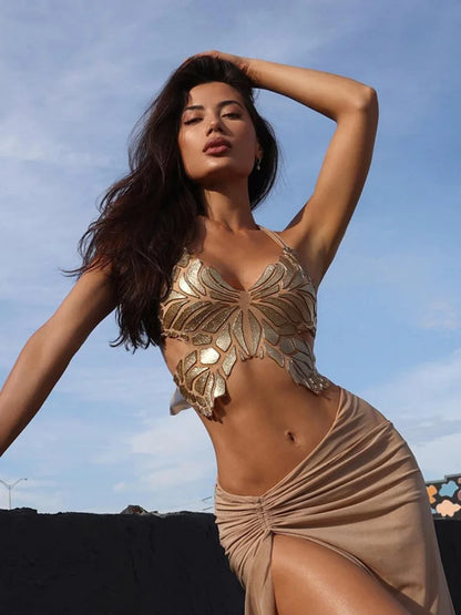 Tops de mariposa con cuello halter para mujer, conjuntos de verano con espalda descubierta y cuello montado, ropa dorada Y2k, ropa ajustada sin mangas, ropa de mujer