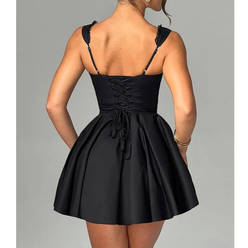 Sexy Corset Dress Women Solid Color Square Collar Sleeveless Lace Trim Hem A Line Mini Dress Evening Party Dresses