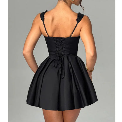 Sexy Corset Dress Women Solid Color Square Collar Sleeveless Lace Trim Hem A Line Mini Dress Evening Party Dresses