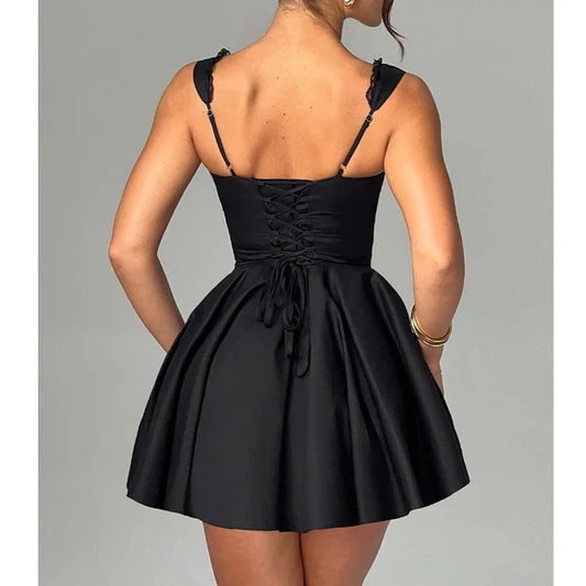 Vestido corto sexy con corsé para mujer, color liso, cuello cuadrado, sin mangas, con dobladillo de encaje, corte A, para fiesta de noche