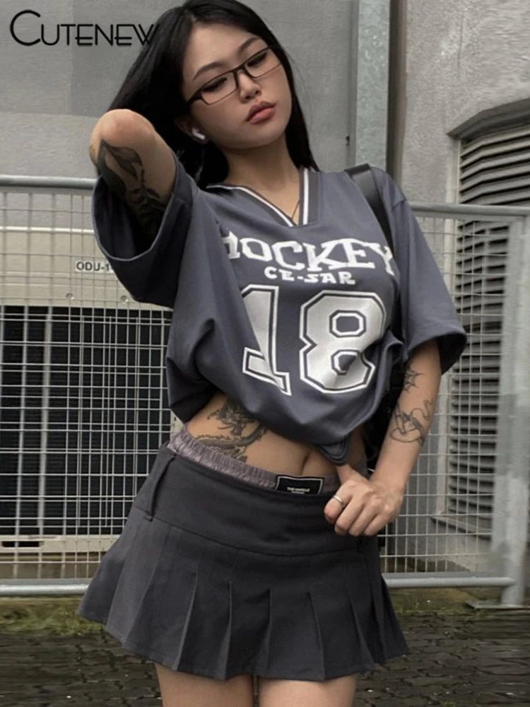 Camisetas básicas salvajes para mujer, camisetas casuales de verano, nuevas camisetas holgadas de manga corta con cuello en V, camisetas básicas estampadas para mujer, top deportivo urbano