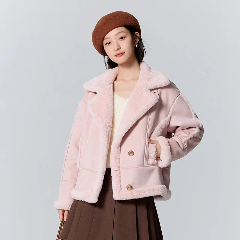 Chaqueta de mujer de gamuza sintética de piel de conejo sintética cálida de invierno nueva solapa estilo motociclista chaqueta holgada retro