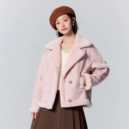 Chaqueta de mujer de gamuza sintética de piel de conejo sintética cálida de invierno nueva solapa estilo motociclista chaqueta holgada retro
