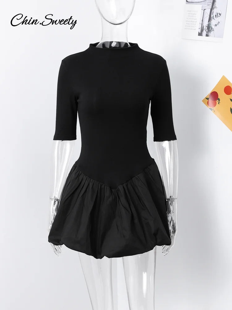 Elegant Knitted Patchwork Brown A-line Dress Women O-neck Short Sleeves Pleated Ruffles Mini Dresses 2025 Lady Solid Vestidos