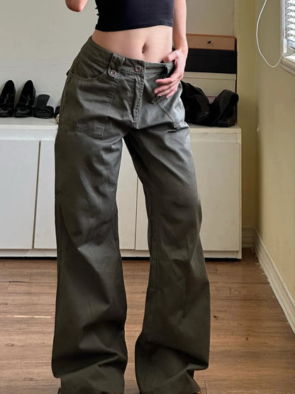 Sweetown - Vaqueros rectos de tiro bajo verdes retro para mujer, estilo urbano Y2K, con bolsillos, estilo cargo informal