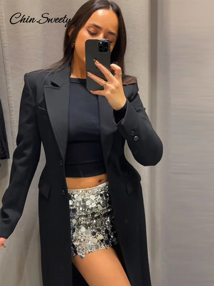 Vintage Lapel Black Long Overcoat Women Slim High Waist Full Sleeve Single Breasted Shoulder Pad Coat New Spring Commute Outwear