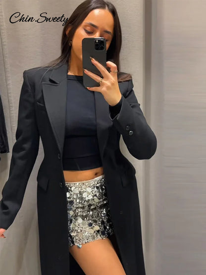 Vintage Lapel Black Long Overcoat Women Slim High Waist Full Sleeve Single Breasted Shoulder Pad Coat New Spring Commute Outwear