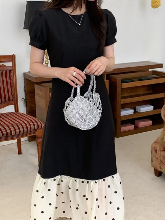 Vestidos midi negros vintage franceses para mujer, manga abullonada, corte A, patchwork, lunares, elegante moda coreana, vestido de una pieza, otoño nuevo