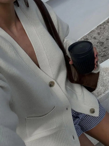 Elegant Knitted Solid V-neck Cardigan Women Casual Loose Single Breasted Pockets Sweater Female Chic Versatile Street Knitwear