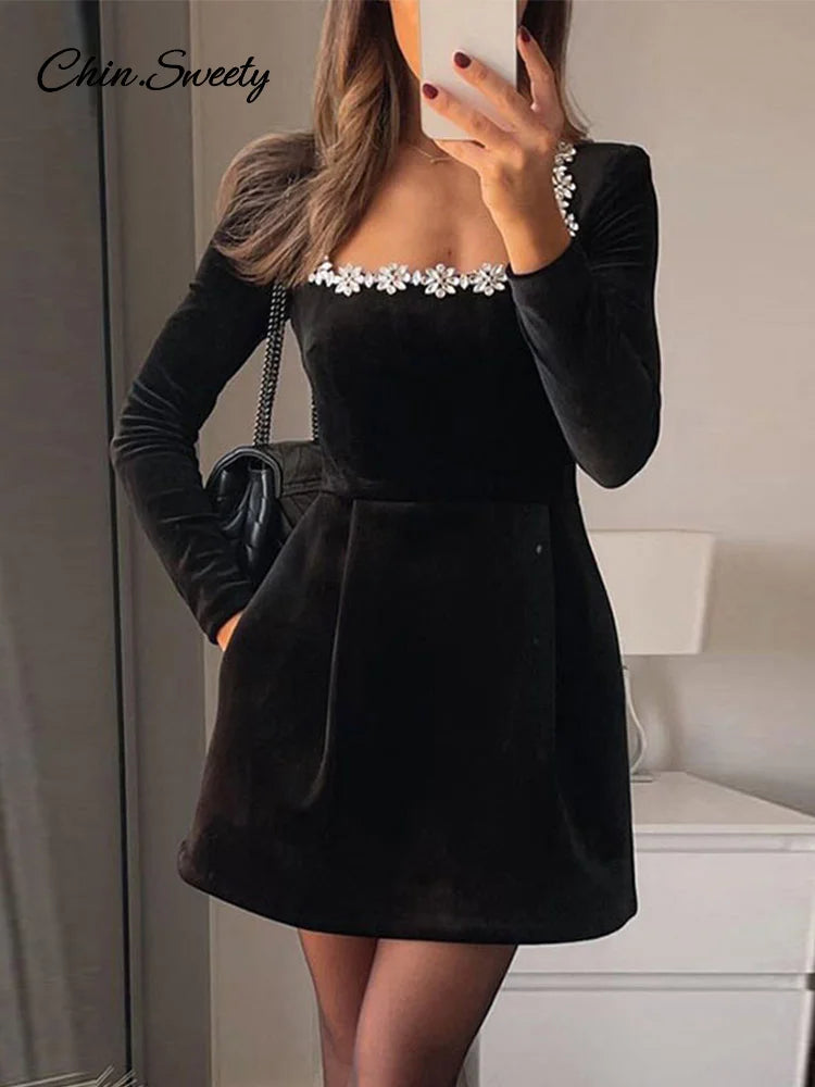 Elegant Rhinestone Decor Velvet Mini Dress Black Square Neck Long Sleeve High Waist A-line Dresses  Lady Evening Party Gown