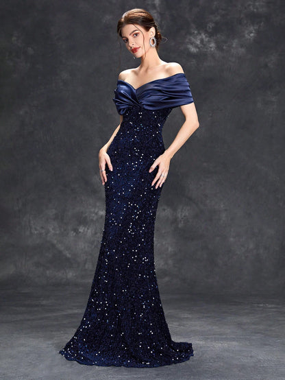 Vestido de noche con escote en V, plisado, con lentejuelas y cola de pez de terciopelo, vestido de baile, vestido de fiesta, vestido de dama de honor