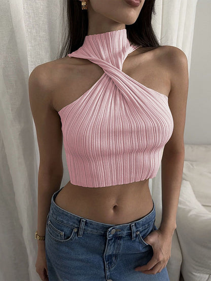 Knit Sweater Pullover Women Ribbed Twist Off-Shoulder Slim Summer Patchwork High Waist Tank Top Knitwear Female Y2k Top