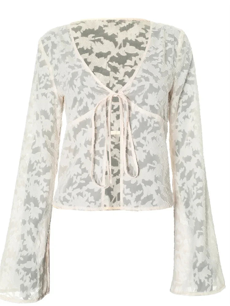 Lace Printed See-Through T-shirt Cardigan Top Female Lace-Up Patchwork Sexy Cropped Y2k Top Tee Women’s Bandage Top