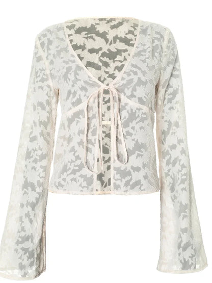 Lace Printed See-Through T-shirt Cardigan Top Female Lace-Up Patchwork Sexy Cropped Y2k Top Tee Women’s Bandage Top