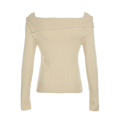 Suéter blanco de otoño e invierno para mujer, nuevo jersey de manga larga Y2k con estampado de corazón retro y hombros descubiertos, jersey ajustado y sexy