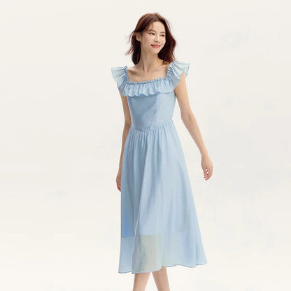 Bodycon Dress Women Slim Fit With Ruffled Hem  Summer New Short Flutter Sleeves And Gentle Mid-Length Dress