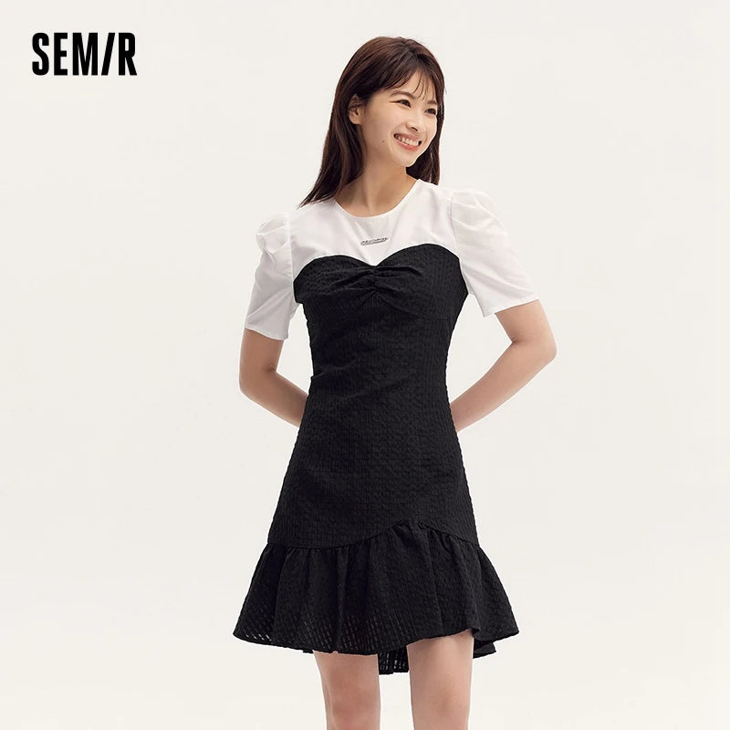 Vestido negro corto con bloques de color para mujer, elegante y de verano, con textura suave y dobladillo de sirena divertido, falda corta.