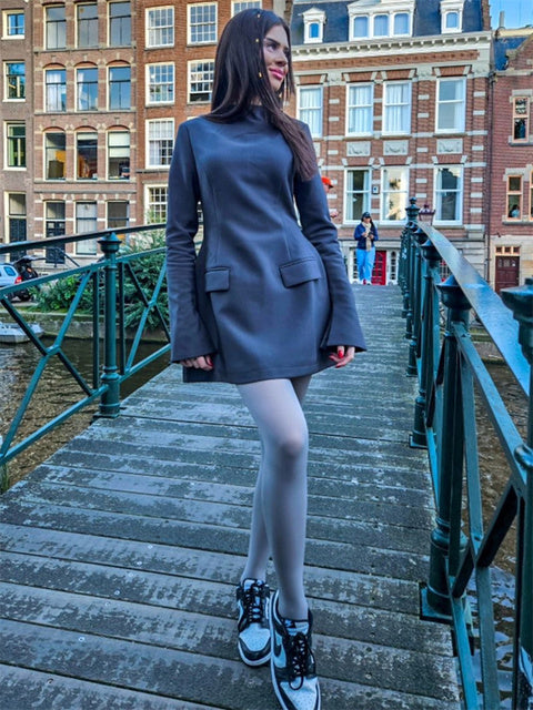 Female Autumn Elegant Mini Dress Women’s Pocket Patchwork Slim Long Sleeve Commute Clothes Female Solid Casual Mini Dress