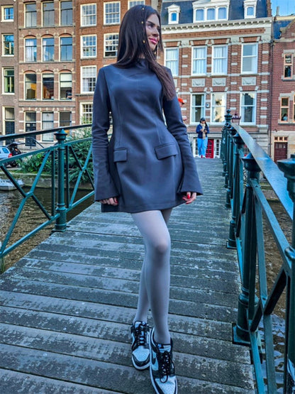 Female Autumn Elegant Mini Dress Women’s Pocket Patchwork Slim Long Sleeve Commute Clothes Female Solid Casual Mini Dress