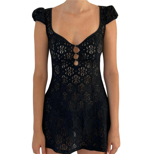 y2k Going Out Mini Lace Dress Summer Women See Through Short Sleeve V Neck Hollow Out Button Down A Line Dress Clubwear