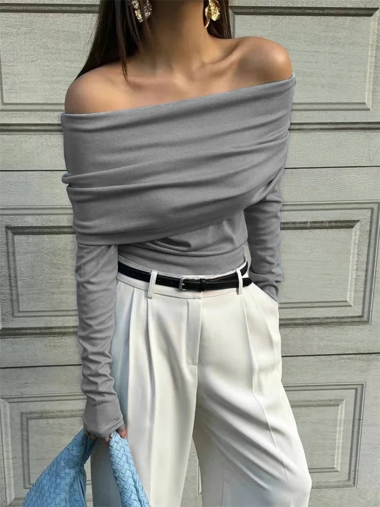 Suéter de punto sin espalda para mujer, top ajustado con banda, liso, corto, ropa de calle, hombros descubiertos, elegante, de punto para otoño