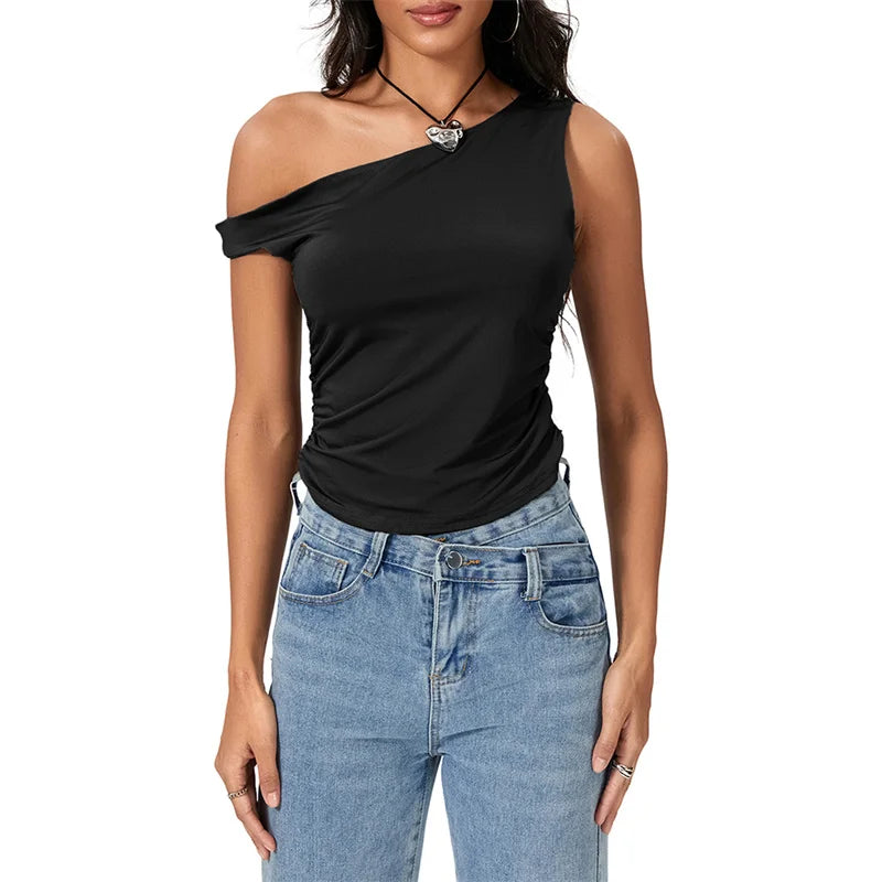 Tops cortos Y2K de los años 2000, ropa para mujer, camiseta sin mangas con hombros oblicuos de color sólido, ropa estética, ropa urbana de verano