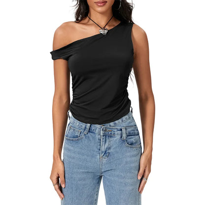 Tops cortos Y2K de los años 2000, ropa para mujer, camiseta sin mangas con hombros oblicuos de color sólido, ropa estética, ropa urbana de verano