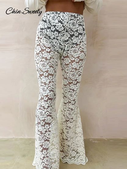 Sexy Lace Sheer Flare Pant Women Hollow Out Lady Vacation Long Trousers Female 2025 Spring Elastic High Waist Streetwear New