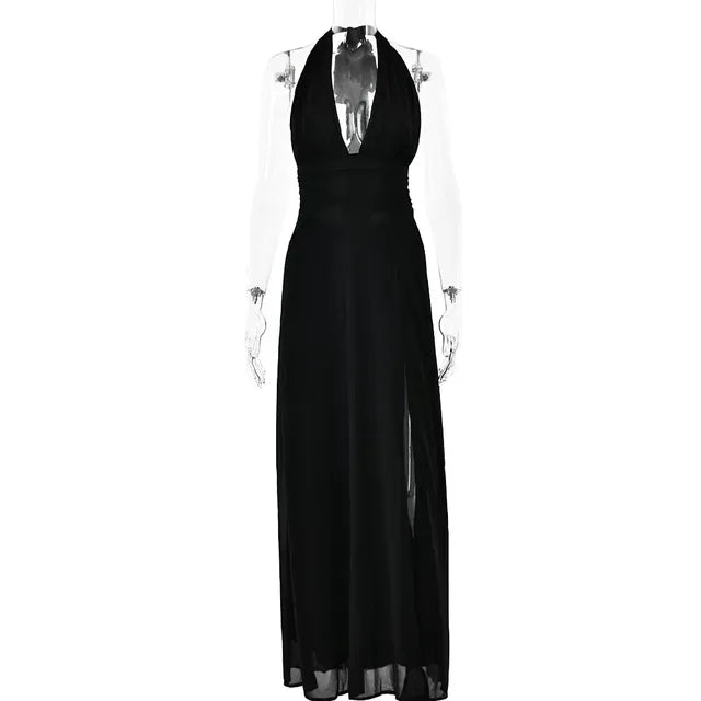 Halterneck V-neck Sexy Backless Women Dresses Elegant Party Fashion High Waist Slit Sleeveless Long Dress Lace-up Evening Dress