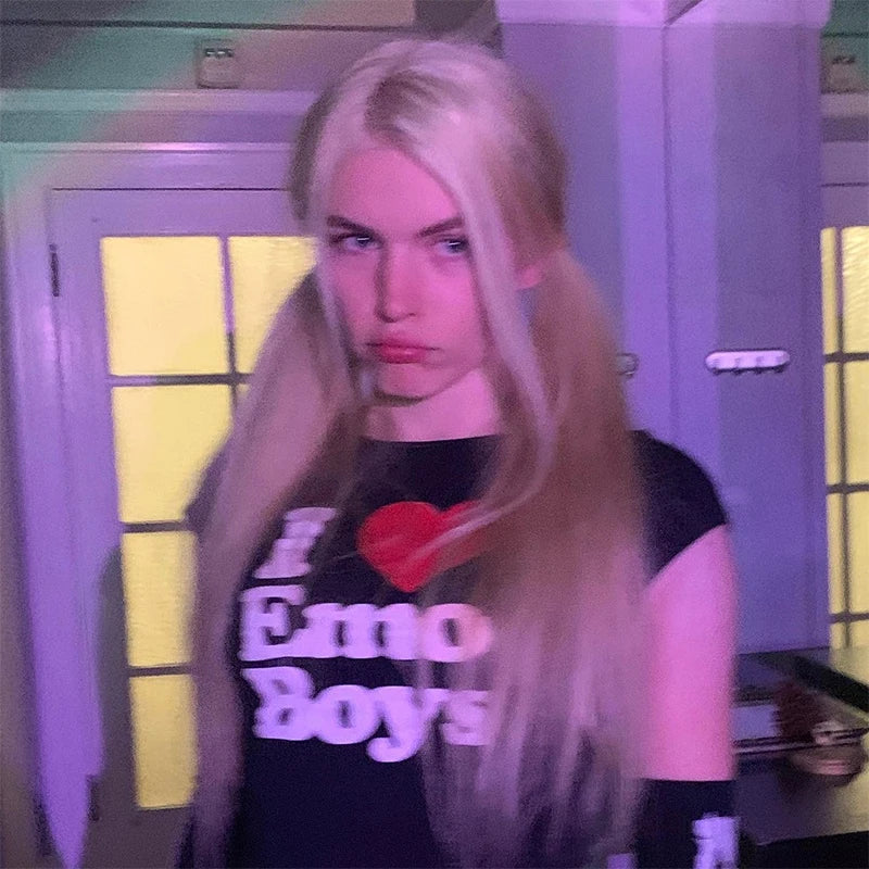 Camiseta estampada Y2K, nueva camiseta informal de moda de manga corta, top corto de verano, camiseta electrónica sexy para chica, ropa para mujer