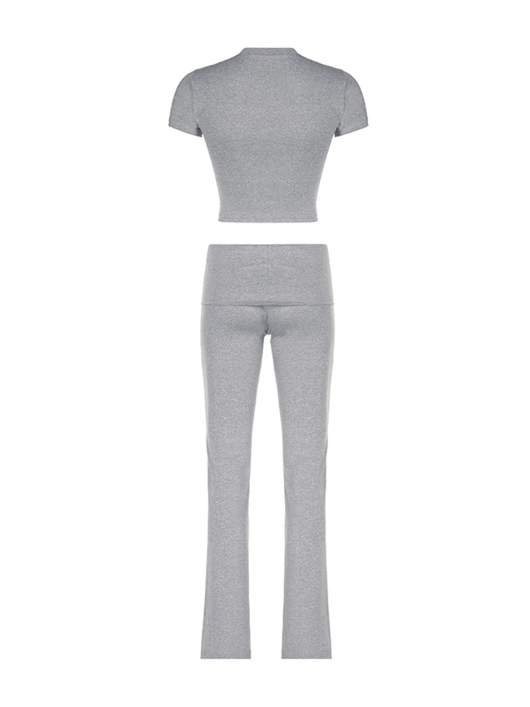 Gray Solid Slim Basic Sports Sexy 2 Pieces Yoga Sets Women O Neck Short Sleeve Tee & Chic Low Waist Skinny Pants Tracksuit S-XL
