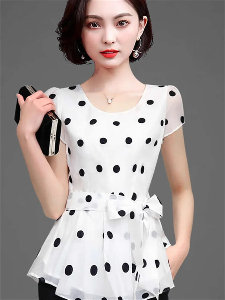 Blusas informales de gasa de verano para mujer, camisas de manga corta con cuello redondo y estampado de lunares, DF2824