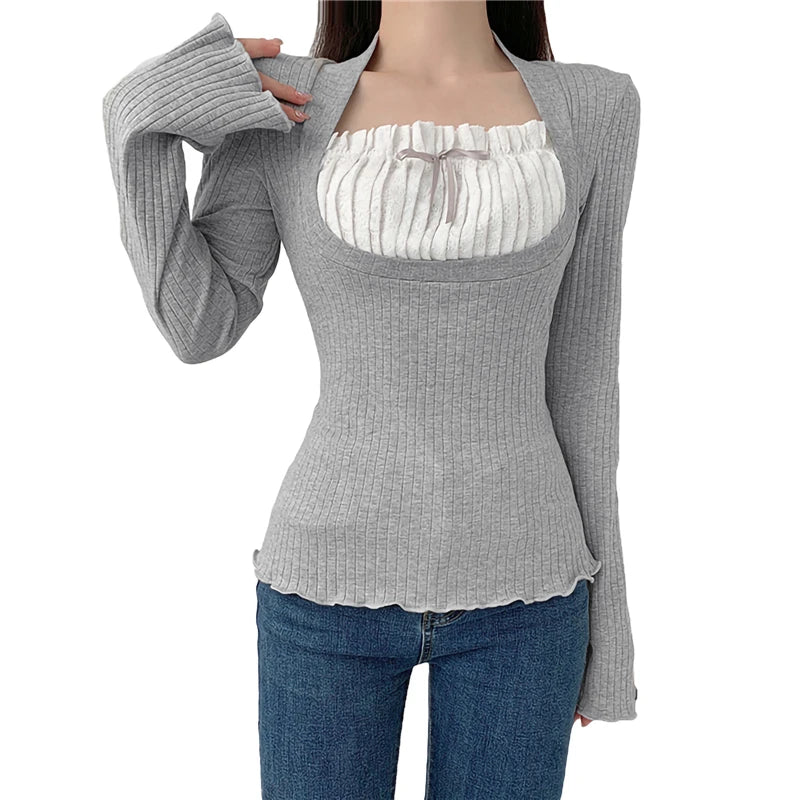 Elegante camiseta de cuello cuadrado para mujer, ropa kawaii, camisetas de manga larga acanaladas con estampado de hadas grunge, camisetas Y2K de los años 2000, ropa de calle para mujer