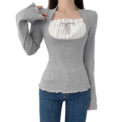 Elegante camiseta de cuello cuadrado para mujer, ropa kawaii, camisetas de manga larga acanaladas con estampado de hadas grunge, camisetas Y2K de los años 2000, ropa de calle para mujer