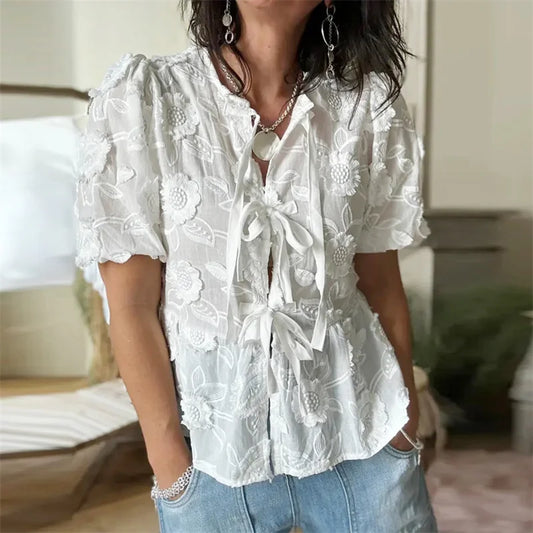 Tops Babydoll para mujer, ropa Y2K, bordado floral, cuello redondo, mangas cortas abullonadas, blusas blancas elegantes, ropa de calle