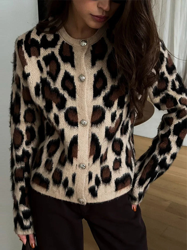 Vintage Knitted Leopard Cardigan Women Casual Slim Single Breasted O-Neck Sweaters Female Chic Versatile Basic Street Knitwear
