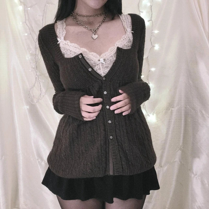 Suéter vintage estilo grunge Y2K de los 00, cárdigan de manga larga con botonadura sencilla, camiseta de punto kawaii estética de los 00, ropa para mujer