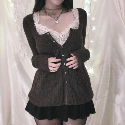Suéter vintage estilo grunge Y2K de los 00, cárdigan de manga larga con botonadura sencilla, camiseta de punto kawaii estética de los 00, ropa para mujer
