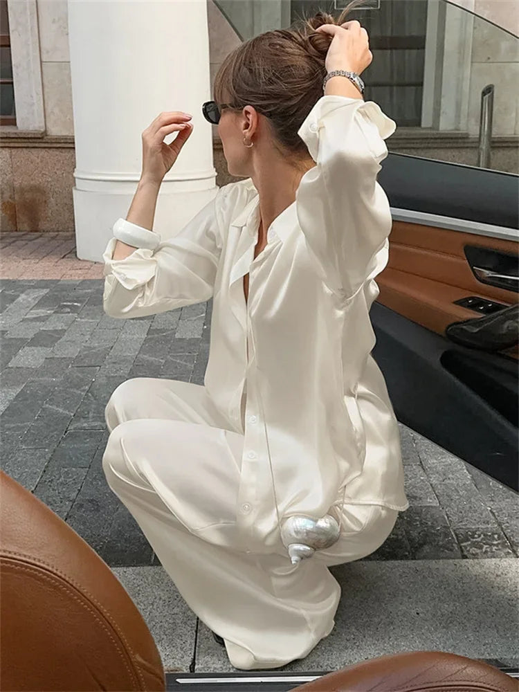 Fashion Commute 2 Piece-Set Trousers Ladies Casual Solid Shirts And High Waist Wide Leg Clothes Outfits Women’s Pants Sets