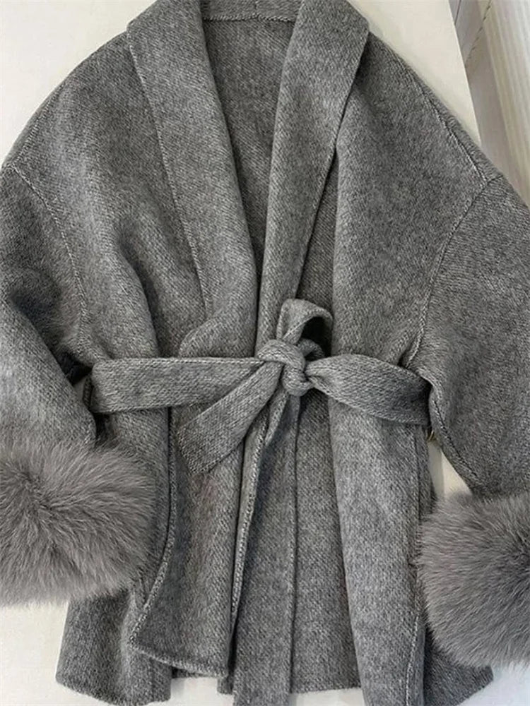 Abrigo de lana de piel de zorro para mujer, abrigo corto de oficina, elegante abrigo de lana de doble cara, chaquetas tipo cárdigan nuevas de 2025, holgadas