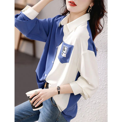 Blusas de mujer estilo primavera otoño, camisas casuales para dama, manga larga, cuello vuelto, patchwork, blusas estampadas, blusas, tops DF4852
