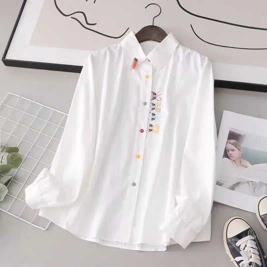 Blusas de estilo primavera-otoño para mujer, informales, de manga larga, con cuello vuelto y bordado de dibujos animados, DF4996
