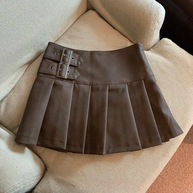 Minifaldas de piel sintética Y2K para mujer, estilo urbano, de cintura alta, plisadas, estilo vintage coreano, negras, ajustadas, informales, de corte A, tallas S-3XL
