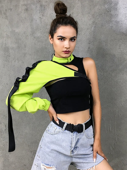Neon Green One Shoulder Off Halter Top Harajuku Black Reflective Tshirt Women Hip Hop Street Wear Tee Shirt Femme
