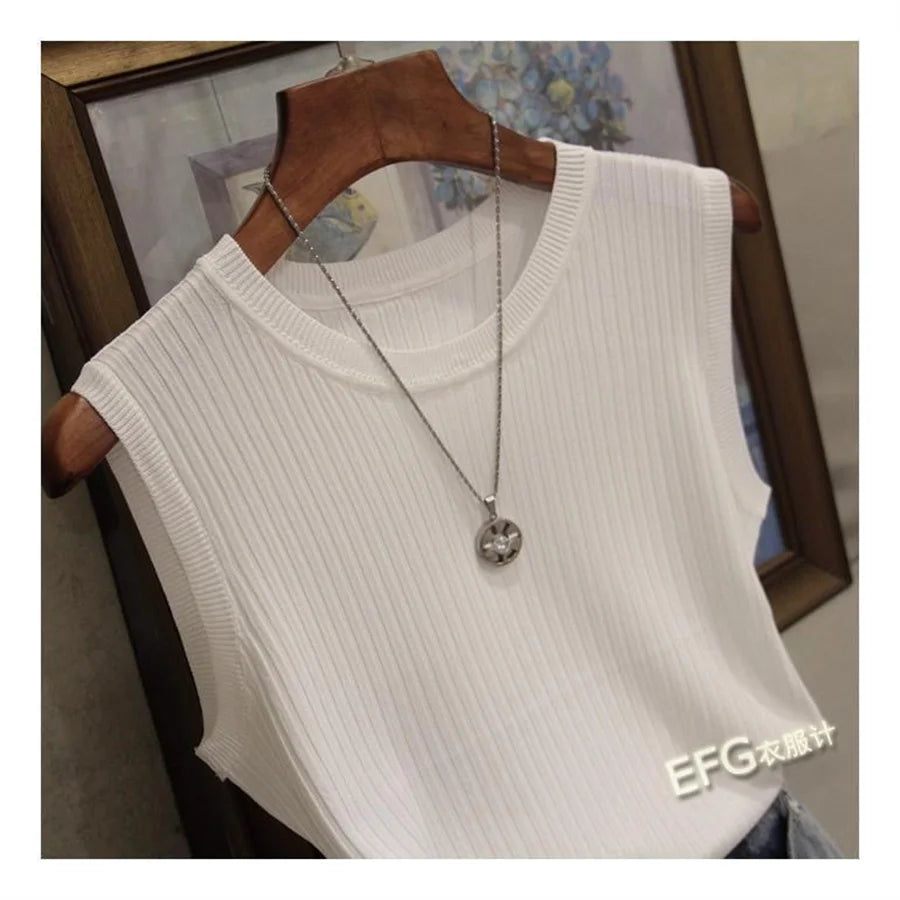 Blusa de verano sin mangas para mujer, blusa de punto con cuello redondo, ropa para mujer, tops para mujer DF4903