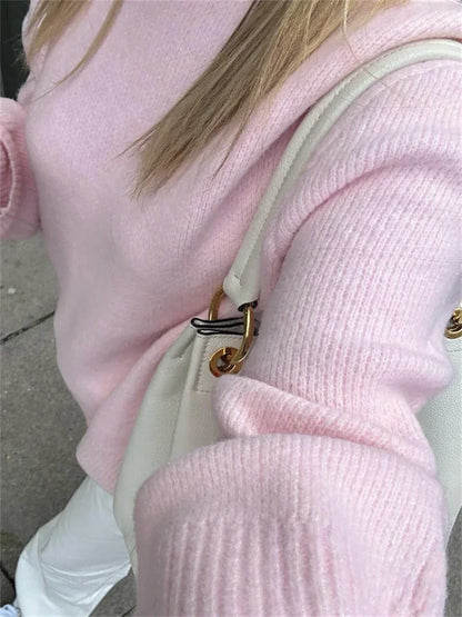 Suéter de punto rosa para mujer, jersey de manga larga, moda suelta, patchwork, lindo Y2k, top de punto elegante para mujer, nuevo
