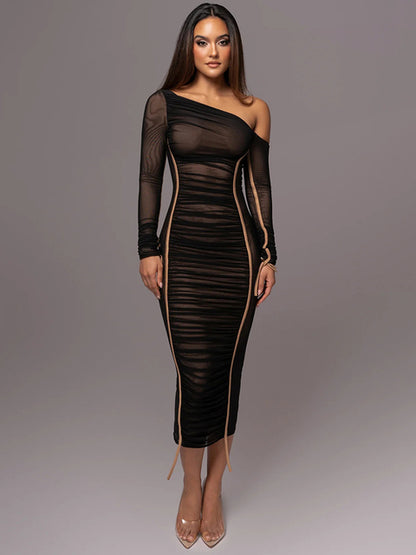 Vestido midi de manga larga con cuello diagonal para mujer, de malla de dos capas, sin espalda, fruncido, ajustado, sexy, para fiesta y club.