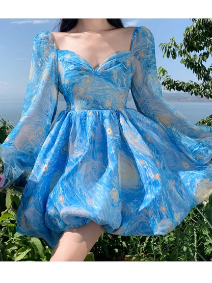 Elegante vestido corto estampado para mujer, sin espalda, estilo playero, con mangas abullonadas, corte A, floral, minivestido de una pieza para mujer