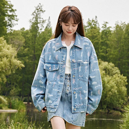 Chaqueta vaquera para mujer, con estampado completo, nueva chaqueta holgada y moderna de otoño